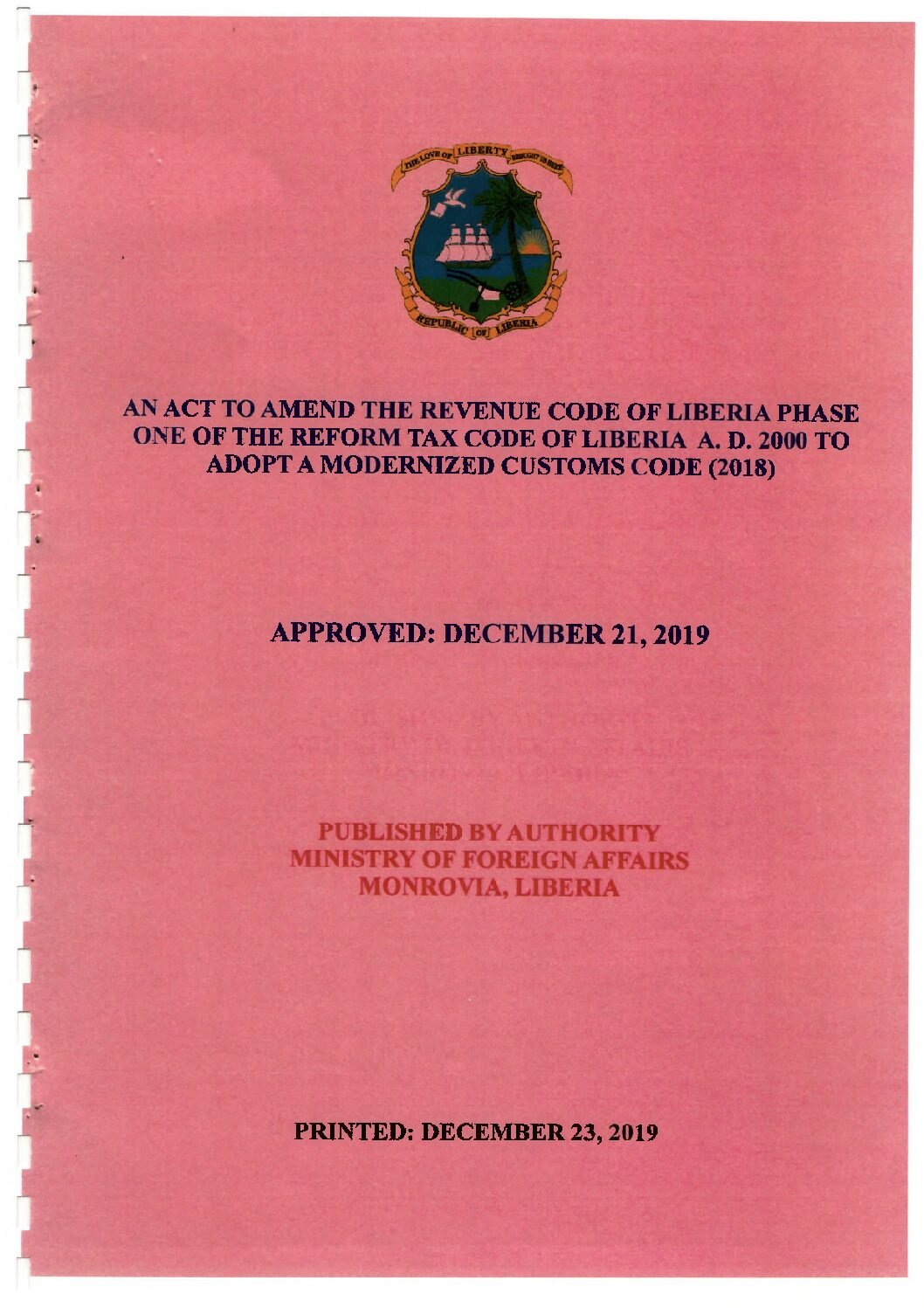 AN ACT TO AMEND THE REVENUE CODE TO ADOPT MODERNIZED CUSTOMS CODE 2019 CUSTOMS