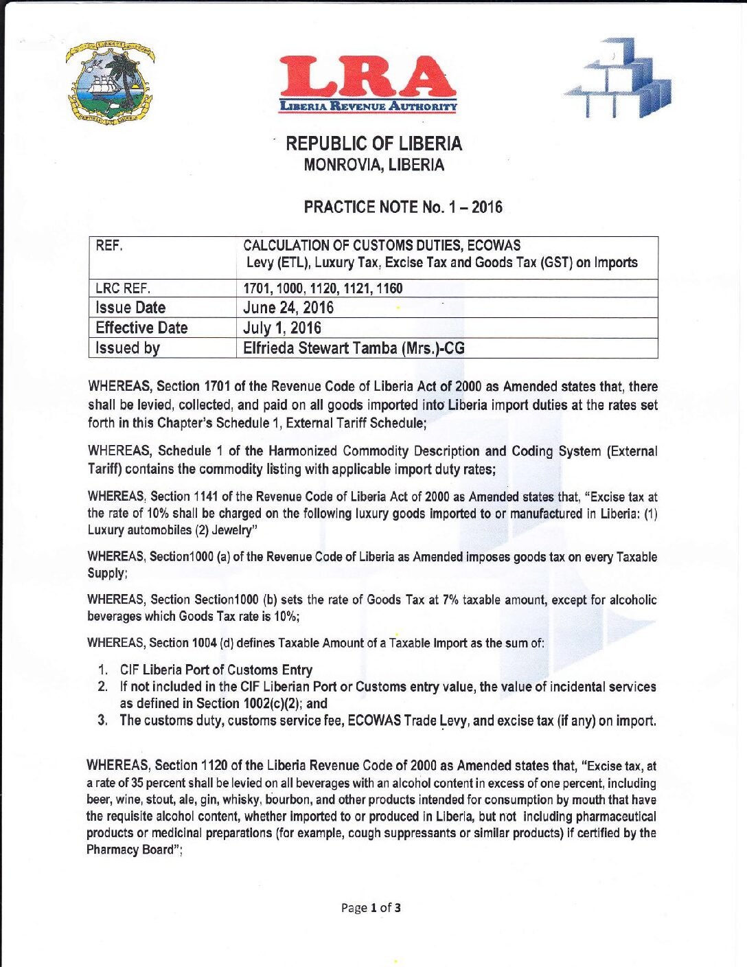 Calculation of Customs Duities, ECOWAS Levy, Excise Tise and GST on Imports (2016)