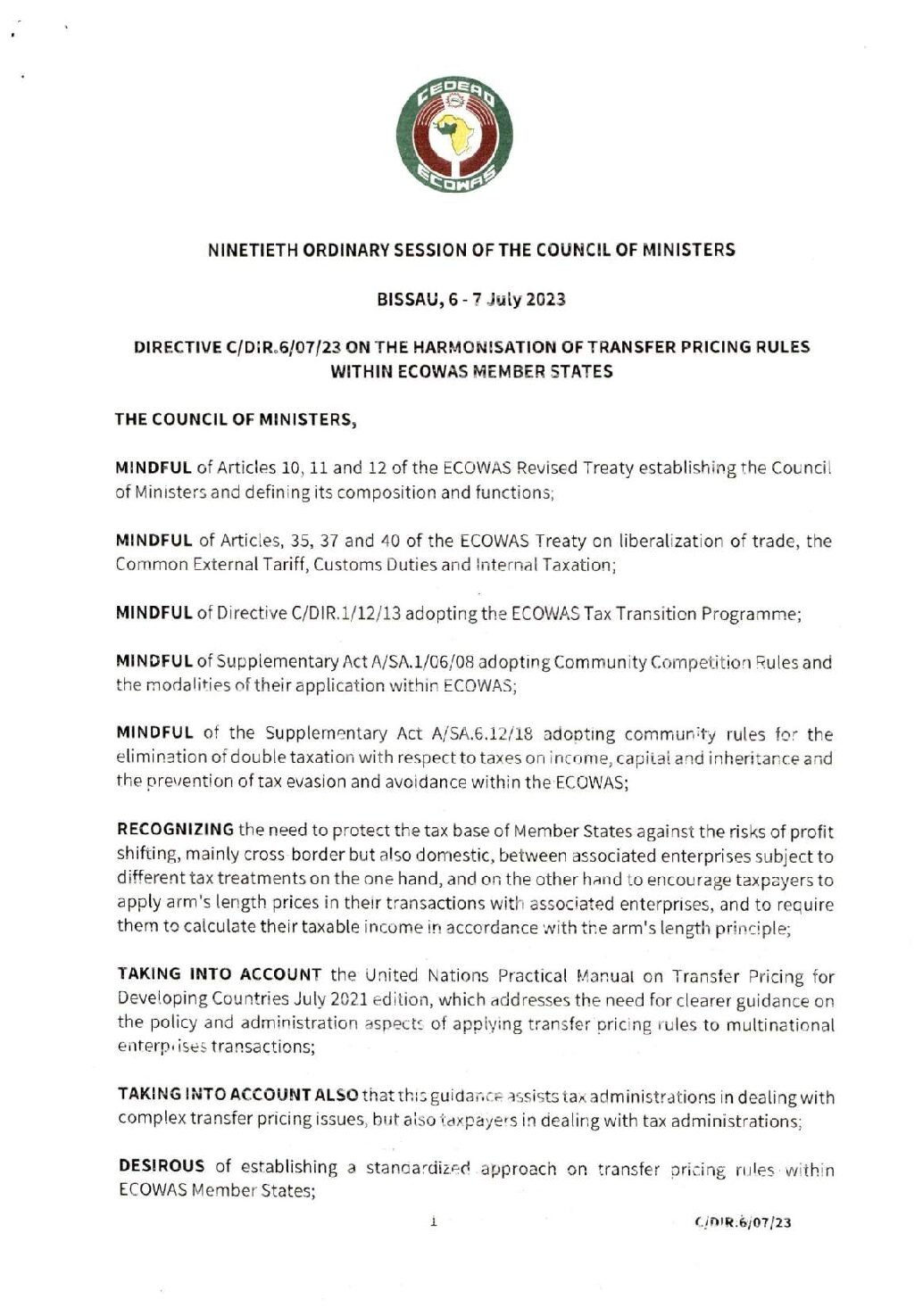 ECOWAS Directive No.6 on Harmonization of Transfer Pricing Rules (2023)