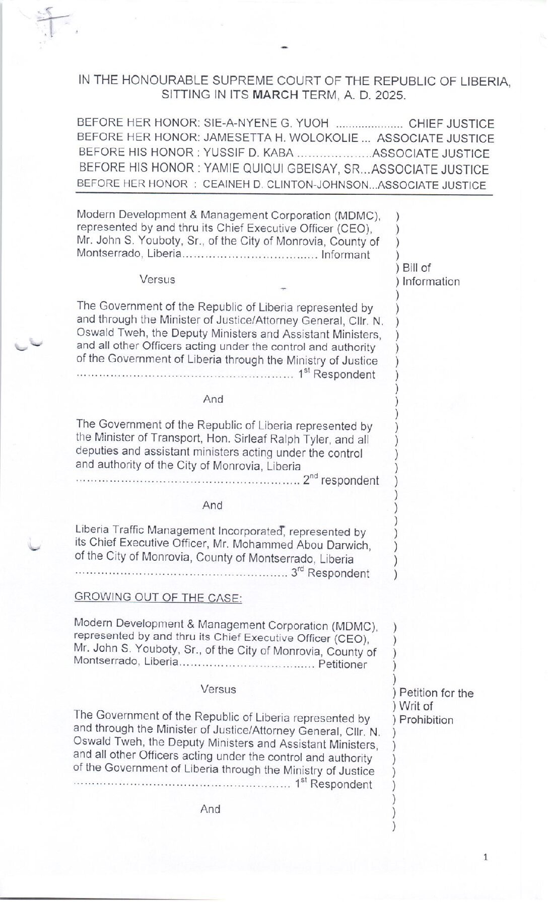 Modern Development & Management Corporation (MDMC) v. Government of the Republic of Liberia (2025) (Bill of Information)