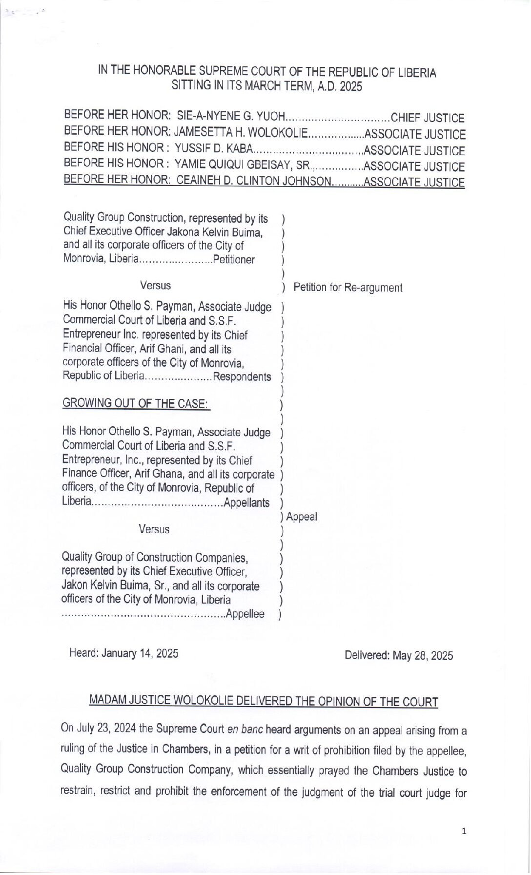 Quality Construction Group v. His Honor Othello Payman et al (2025) (Petition for re argument)