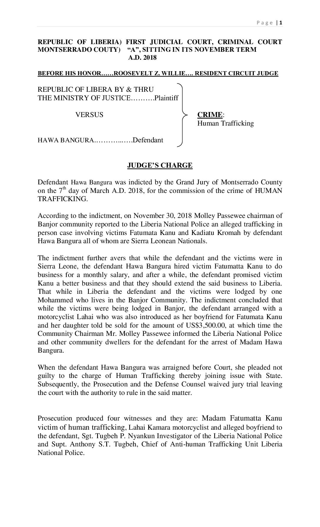 TRAFFICKING CHARGES ON HAWA BANGURA