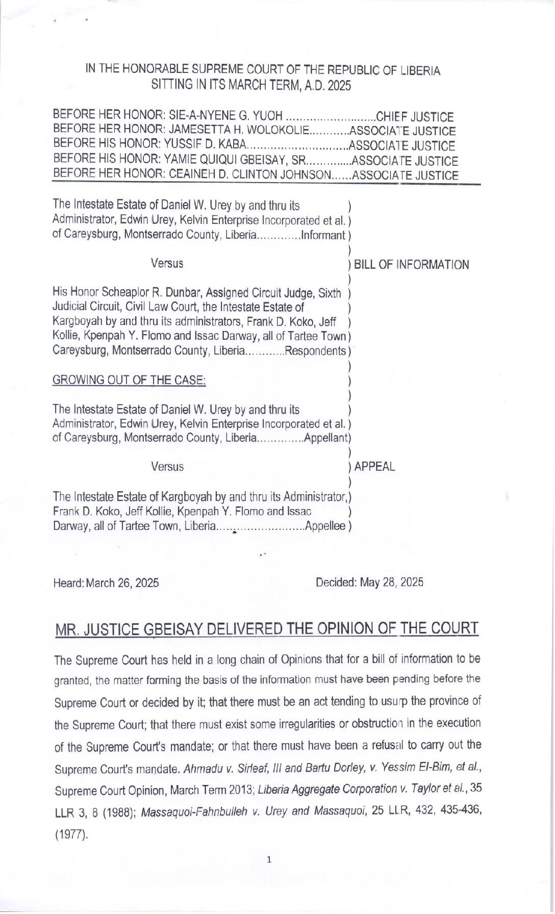 The Intestate Estate of Daniel W. Urey v. His Honor Scheaplor R. Dunbar (2025) Bill of Information