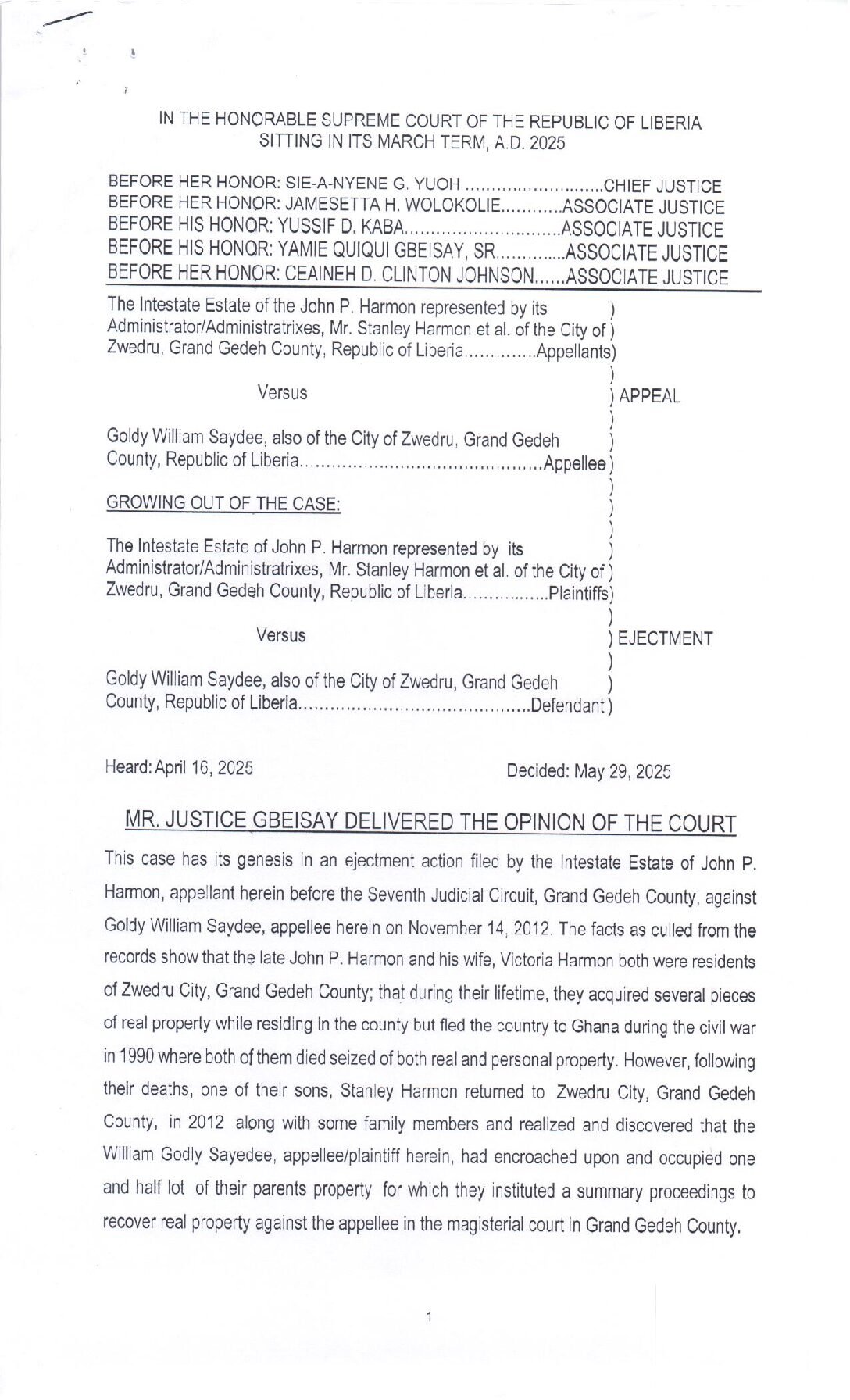 The Intestate Estate of the late John P. Harmon v. Goldy William Saydee (2025)