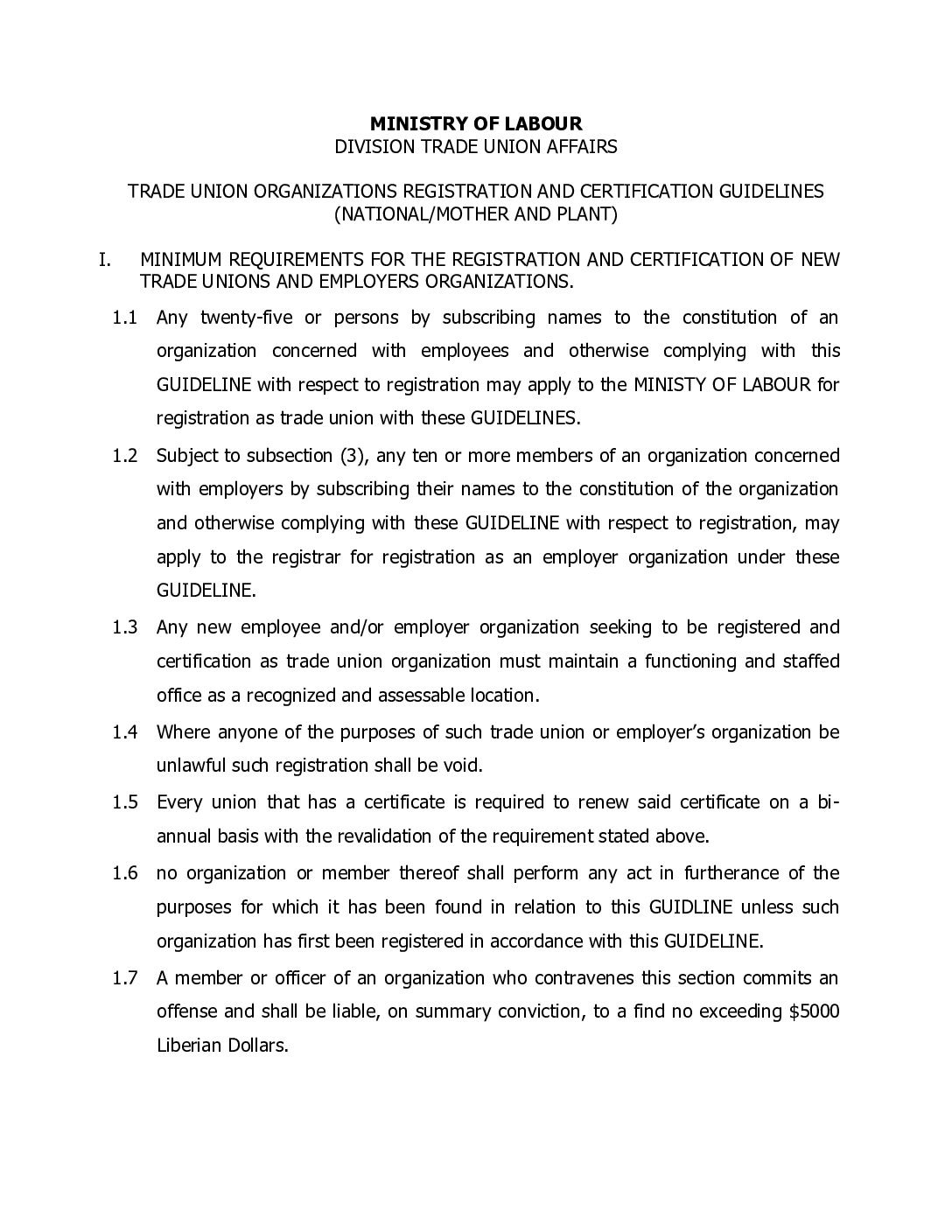 Trade Union Registration and Certification Guidelines