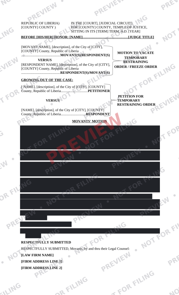 Motion to Vacate (TRO or Freeze Order) - Preview Motion to Vacate TRO or Freeze Order
