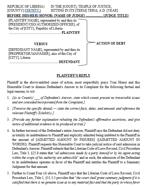Plaintiff's Reply (Debt)